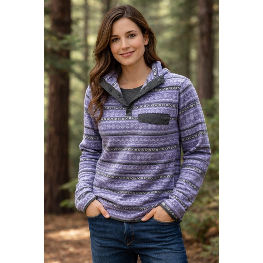 Jachs‎ Classic Womens Fleece Pullover Purple Fair Isle Print Snap Neck Size M